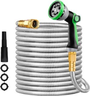 eletecpro Metal Garden Hose 50 ft, Heavy Duty Water Hoses Made of 304 Stainless Steel with 2 Nozzles, 15 Pattern Spray for Yard, Car and Pet, Tough, Kink & Tangle Free and Flexible