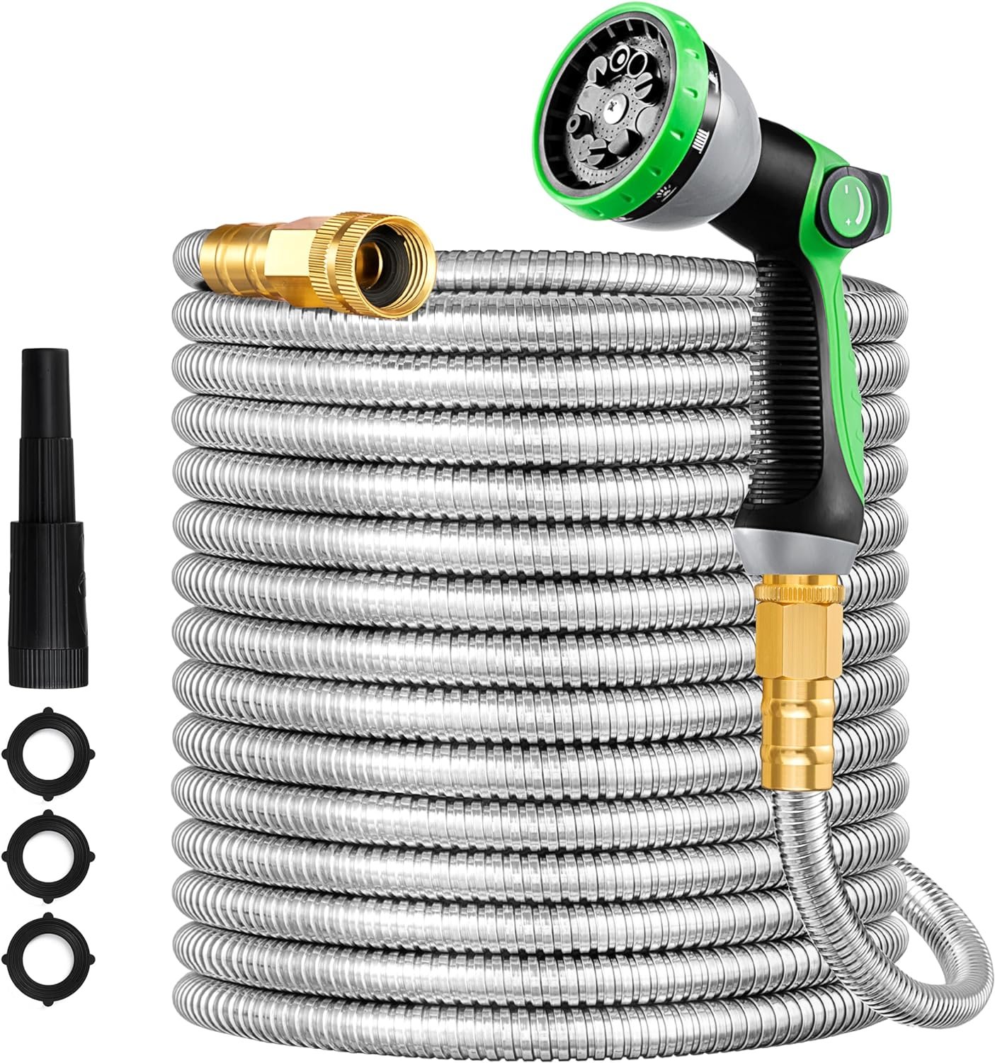 eletecpro Metal Garden Hose 50 ft, Heavy Duty Water Hoses eletecpro Metal Garden Hose 50 ft, Heavy Duty Water Hoses Made of 304 Stainless Steel with 2 Nozzles, 15 Pattern Spray for Yard, Car and Pet, Tough, Kink & Tangle Free and Flexible