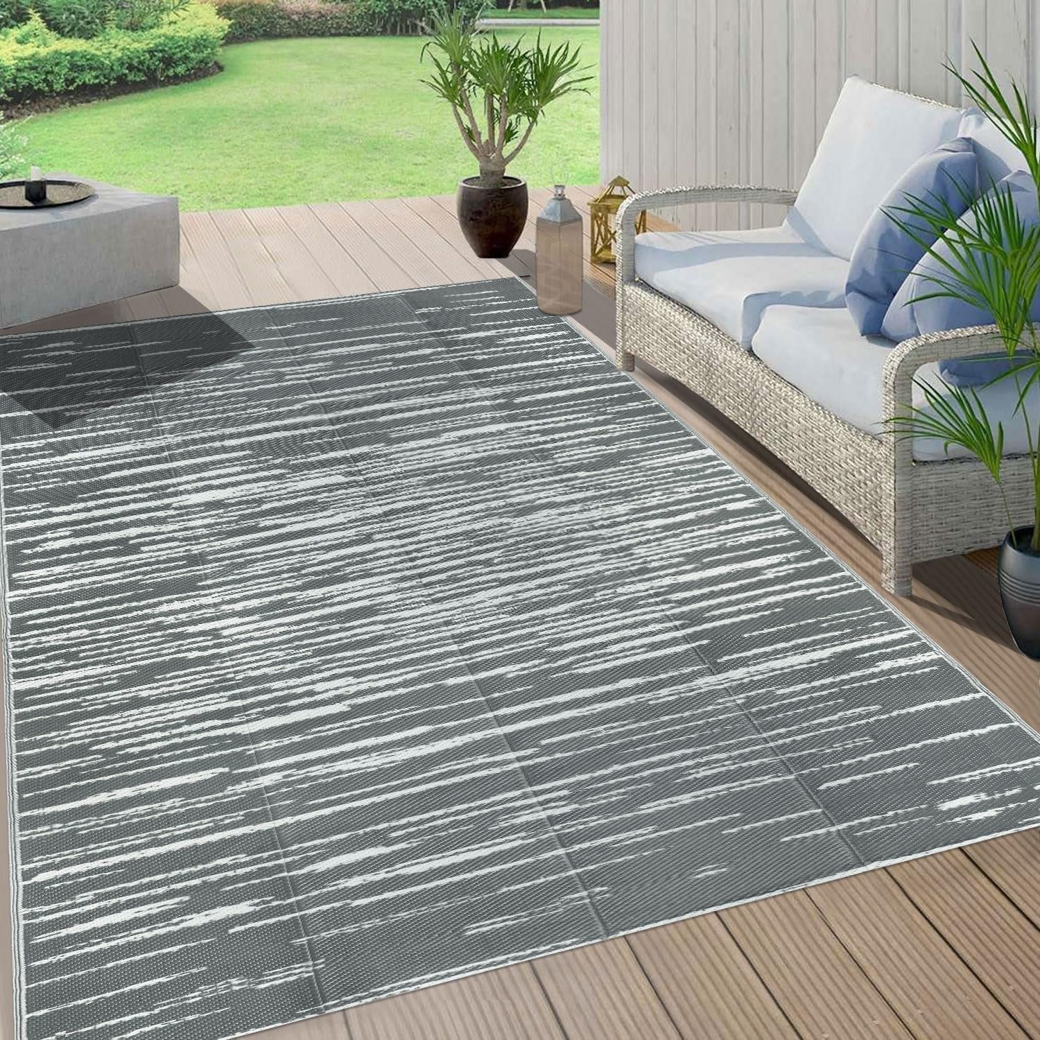 famibay 5x8 Outdoor Plastic Straw Rug Modern Patio Rug Waterproof famibay 5x8 Outdoor Plastic Straw Rug Modern Patio Rug Waterproof Deck Rugs Reversible Outdoor Area Rug Lightweight Portable Outdoor Carpet Rugs for Patio Balcony Camping RV(Grey)