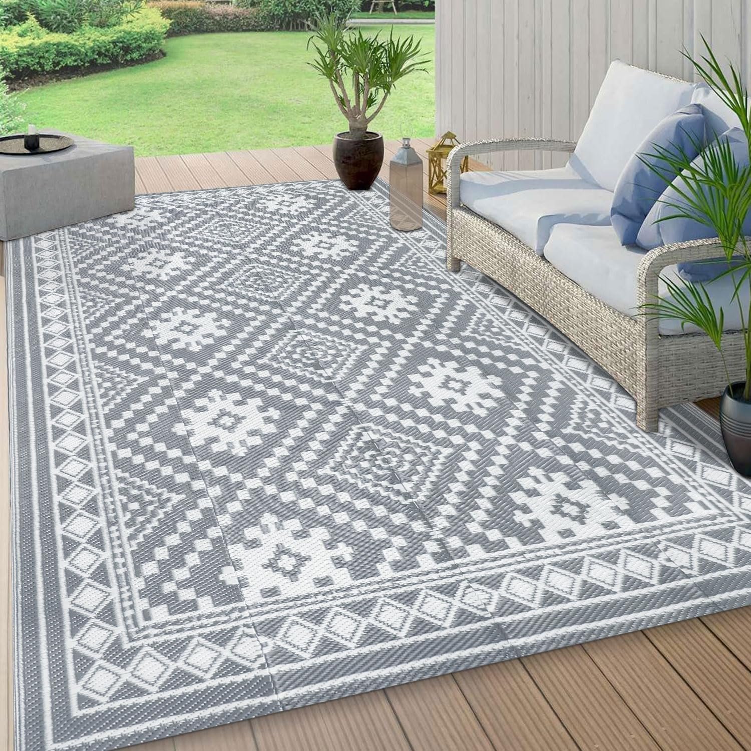 famibay 5x8 Outdoor Rug Waterproof Plastic Straw Rug Patio Rugs famibay 5x8 Outdoor Rug Waterproof Plastic Straw Rug Patio Rugs Outdoor Waterproof Reversible Patio Mat Lightweight Portable Aztec Outdoor Area Rug for Patio Deck Balcony Camping(Grey)