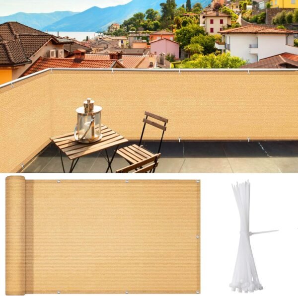 iCover 3.5x16.5ft Balcony Privacy Screen Fence, UV-Resistant Railing Fence Cover for Porch Deck Backyard Patio Garden, Cable Zip Ties Included, Sand