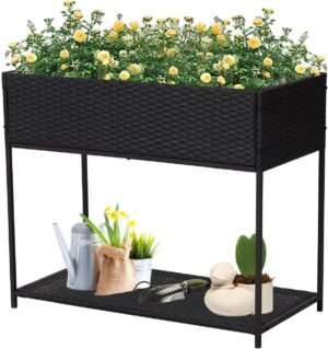 kinbor Raised Garden Bed with Legs - Rattan Outdoor Garden Raised Planter Box Wicker Elevated Raised Garden Bed with Tool Storage Rack for Vegetables Flower Herb Great for Patio, Deck, Balcony