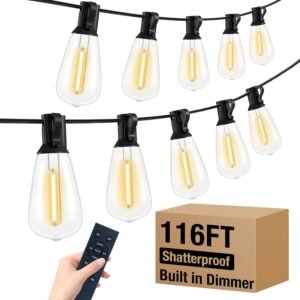 litogo LED Outdoor String Lights with Remote, 116ft Weatherproof Patio Lights with Shatterproof ST38 Edison Bulbs, Vintage Outside Hanging Light for Camping, Garden,Balcony, Tent, Bistro, Gazebos