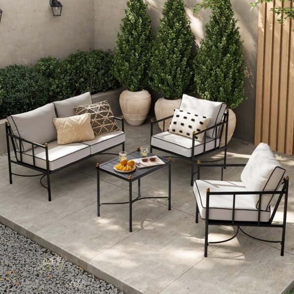mopio Odelia Patio Furniture Set of 4, Outdoor Sectional Conversation Set, Small Metal Backyard, Front Porch, Balcony Furniture for Apartments, with Patio Chairs Set of 2, Loveseat, Coffee Table