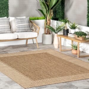 nuLOOM 4x5 Outdoor/Indoor Asha Area Rug, Light Brown, Casual Design With Striped Border, Stain Resistant, Highly Durable, For Patio, Balcony, Bedroom, Living Room, Dining Room, Bathroom