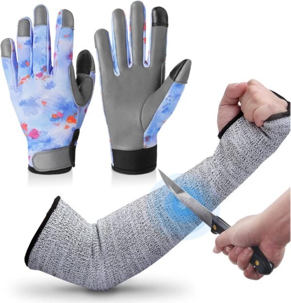 1 Pair Cut Resistant Sleeves 14" & 1 Pair Gardening Gloves for Women Thorn Proof, Blue