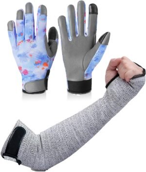 1 Pair Gardening Gloves for Puncture Proof, Blue & 1 Pair 18" Arm Protection Sleeves, Grey