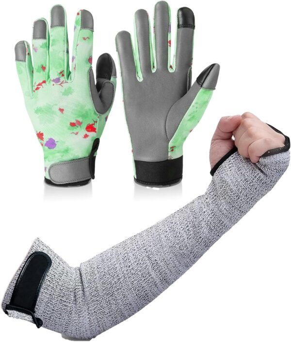 1 Pair Gardening Gloves for Puncture Proof, Green & 1 Pair 18" Arm Protection Sleeves, Grey