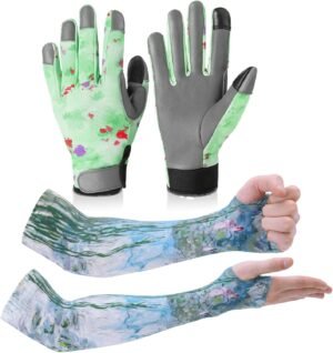 1 Pair Green Gardening Gloves for Women & 1 Pair Gardening Gloves Arm Protection for Women Men