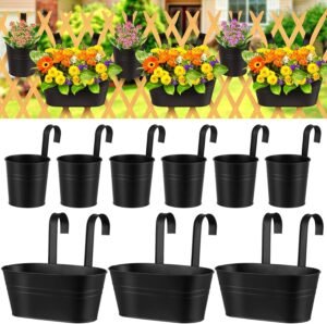 10 Pcs Metal Iron Fence Hanging Planters for Outdoor Plants Fence Hanging Flower Pots Holder Railing Fence Wall Hanging Bucket Pots with Drainage Holes and Hooks Deck Window Boxes Porch Balcony Garden