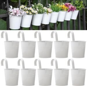 10PCS Metal Iron Hanging Flower Pots Fence Hanging Bucket Pots Outdoor Planters Flower Holder for Indoor or Outdoor Decor for Balcony Fence Rails Garden Display Flowers,White