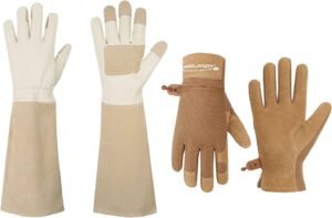 HANDLANDY Bundle - 2 Pairs: Rose Pruning Long Gardening Gloves, Ladies Heavy Duty Yard Work Gloves - Beige, Khaki, Small