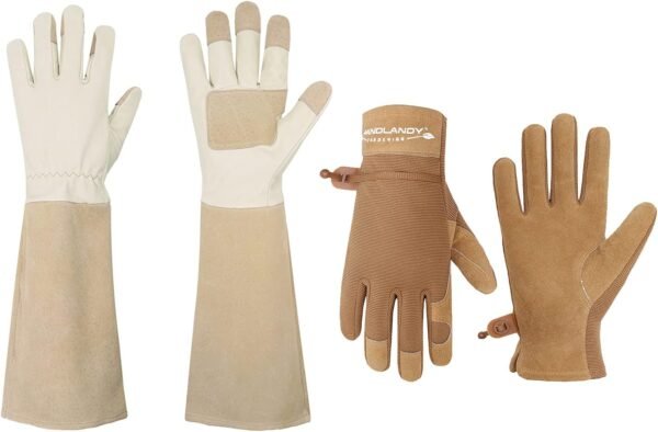 HANDLANDY Bundle - 2 Pairs: Rose Pruning Long Gardening Gloves, Ladies Heavy Duty Yard Work Gloves - Beige, Khaki, Small