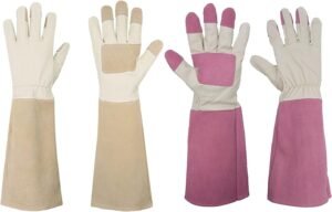 HANDLANDY Bundle - 2 Pairs: Rose Pruning Long Gardening Gloves, Thorn Proof Gauntlet Pigskin Leather Gloves - Beige, Pink, Medium