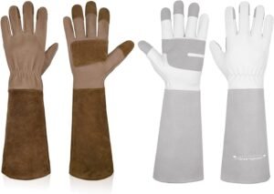 HANDLANDY Bundle - 2 Pairs: Rose Pruning Long Gardening Pigskin Leather Gloves, Thorn Proof Yard Work Leather Gloves - Brown, Grey, Small