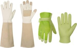 HANDLANDY Bundle - 2 Pairs: Rose Pruning Long Gardening Gloves, Ladies 3D Mesh Pigskin Yard Work Leather Gloves - Beige, Green, Medium