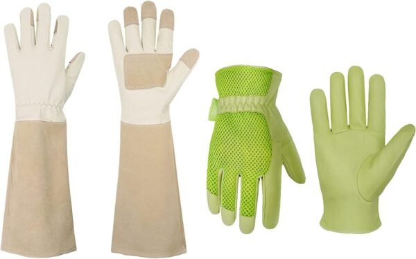HANDLANDY Bundle - 2 Pairs: Rose Pruning Long Gardening Gloves, Ladies 3D Mesh Pigskin Yard Work Leather Gloves - Beige, Green, Medium