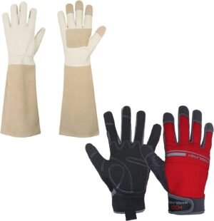 HANDLANDY Bundle - 2 Pairs: Rose Pruning Long Gardening Gloves, Mechanic Working Touch Screen Yard Work Gloves for Men and Women - Beige, Red, Medium