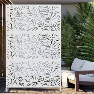 Elevens Metal Privacy Screen Outdoor Patio Screen Panels Freestanding Decorative Screen Set with Stand for Deck Patio Balcony Garden Outdoor&Indoor, White-Leaf (GE4008-USAM010)