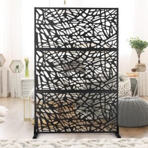 Elevens Metal Outdoor Privacy Screen, Freestanding Outdoor Divider Decorative Privacy Fence Screen,Outdoor Decorative Privacy Screens and Panels for Balcony Patio,72" H×47" W (Black-Leaves)