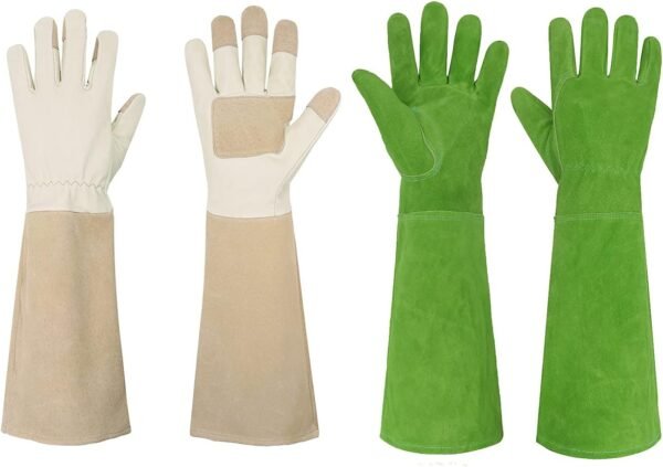HANDLANDY Bundle - 2 Pairs: Rose Pruning Long Gardening Gloves, Ladies Thorn Proof Gauntlet Cowhide Leather Gloves - Beige, Green, Large