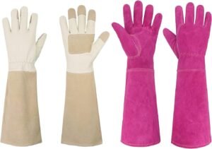 HANDLANDY Bundle - 2 Pairs: Rose Pruning Long Gardening Gloves, Ladies Thorn Proof Gauntlet Cowhide Leather Gloves - Beige, Pink, Large