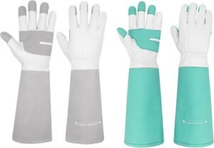 HANDLANDY Bundle - 2 Pairs: Rose Pruning Long Gardening Leather Yard Work Gloves - Grey, Green, Small