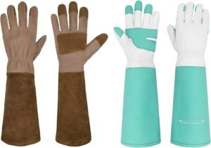 HANDLANDY Bundle - 2 Pairs: Rose Pruning Long Gardening Pigskin Leather Gloves, Thorn Proof Yard Work Leather Gloves - Brown, Green, Small