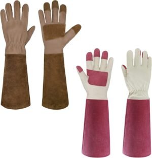 HANDLANDY Bundle - 2 Pairs of Pruning Gloves Long for Men & Women, Pigskin Leather Rose Gardening Gloves, Breathable & Durability Gauntlet Gloves, Medium