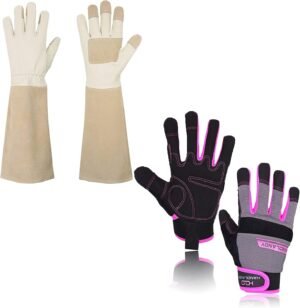 HANDLANDY Bundle - 2 Pairs: Rose Pruning Long Gardening Gloves, Mechanic Working Touch Screen Yard Work Gloves for Women - Beige, Pink, Medium