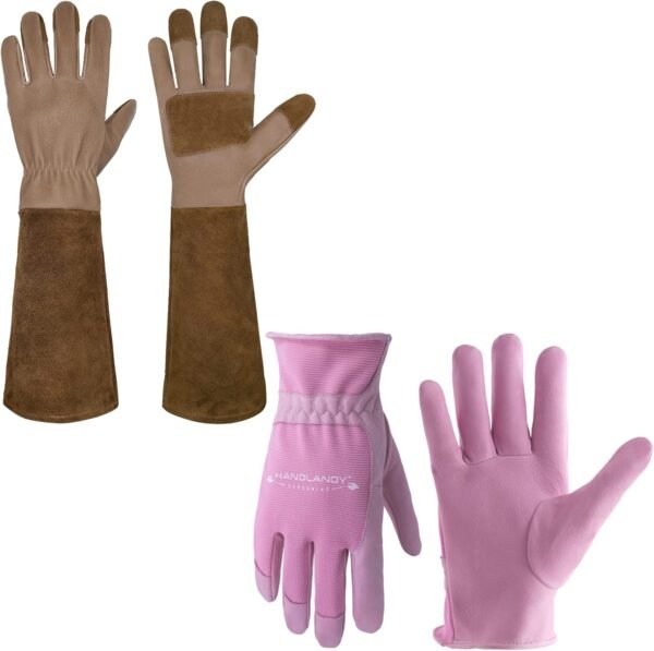 HANDLANDY Bundle - 2 Pairs of Pigskin Leather Rose Pruning Gloves & Leather Gardening Gloves for Women, Breathable and Flexible Yard Working Gloves, Large