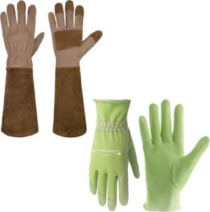 HANDLANDY Bundle - 2 Pairs of Pigskin Leather Rose Pruning Gloves & Leather Gardening Gloves for Women, Breathable and Flexible Yard Working Gloves, Large