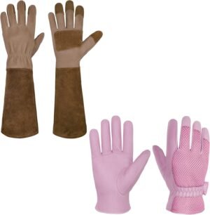 HANDLANDY Bundle - 2 Pairs of Pigskin Leather Rose Pruning Gloves & Leather Gardening Gloves for Women, Breathable and Flexible Yard Working Gloves, Large