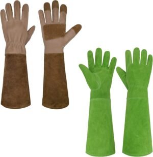 HANDLANDY Bundle - 2 Pairs of Pruning Gloves Long & Ladies Leather Gardening Gloves, Thorn Proof Gauntlet Gloves, Large