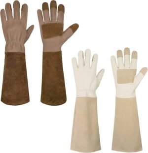 HANDLANDY Bundle - 2 Pairs of Pruning Gloves Long for Men & Women, Pigskin Leather Rose Gardening Gloves, Breathable & Durability Gauntlet Gloves, Large