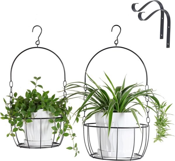 2 Pack Metal Hanging Planter Baskets Indoor Outdoor Window Wall Plant Hangers 10.3" & 8.7" Balcony Patio Room Hanging Flower Pot Holders, Black (Plants/Pots Not Included)