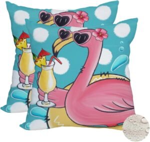 2 Pack Waterproof Summer Flamingo Throw Pillow Covers 18x18 Inch Tropical Flower Beach Pink Birds Pillow Cases Blue Ocean Sea Farmhouse Outdoor Decoration Cushion Cover for Sofa Couch