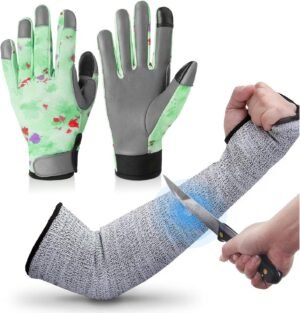 2 Pairs Cut Resistant Gardening Sleeve Level 5 14" & 1 Pair Blue Gardening Gloves Thorn Proof for Women