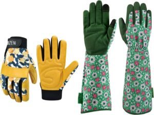 2 Pairs of Gardening Gloves, Cowhide Leather Rose Pruning Garden Gloves, Long Sleeve Green Flower Garden Gloves