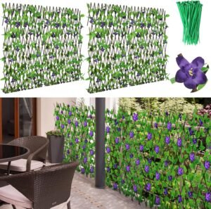 2 Pcs Expandable Fence Privacy Screen 32'' x 116'' Easy to Expand Artificial Ivy Hedge with Flowers Faux Green Ivy Panel Decorative Fence Cover for Balcony Patio Apartment Home Outdoor