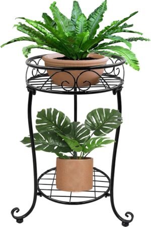 2 Tier Plant Stand, 18.5 inch Tall Metal Potted Holder Rack, Indoor Outdoor Flower Pot Shelf for Patio Balcony Corner Garden, Black