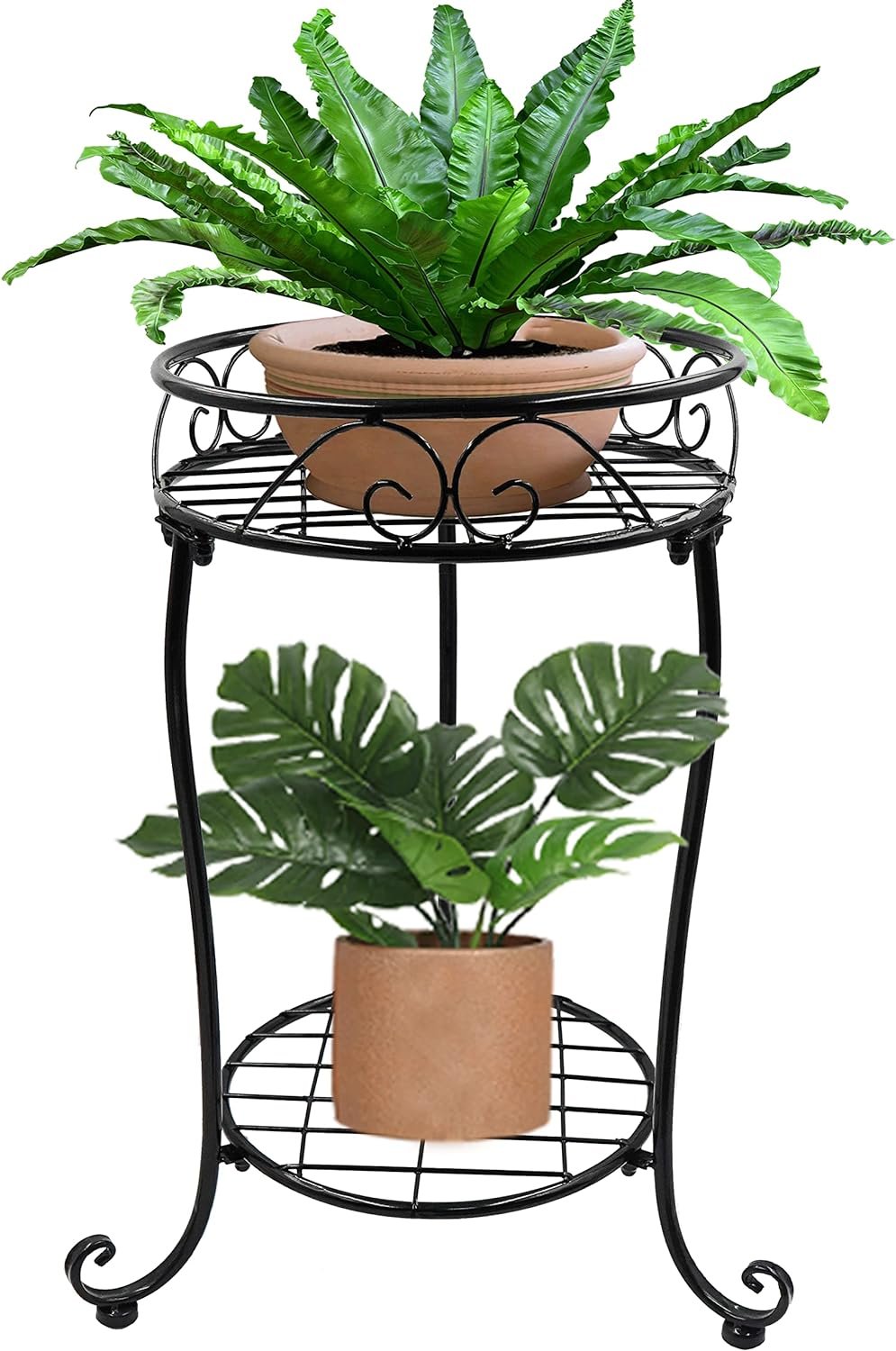 2 Tier Plant Stand, 18.5 inch Tall Metal Potted Holder 2 Tier Plant Stand, 18.5 inch Tall Metal Potted Holder Rack, Indoor Outdoor Flower Pot Shelf for Patio Balcony Corner Garden, Black