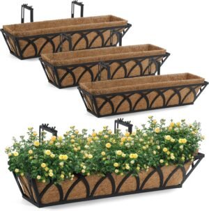 24in Window Deck Railing Planter Boxes with Coconut Liner (Set of 4), Balcony Window Basket Deck Railing Planter Boxes, Metal Hanging Flower Planter for Outdoor Garden Fence Lawn