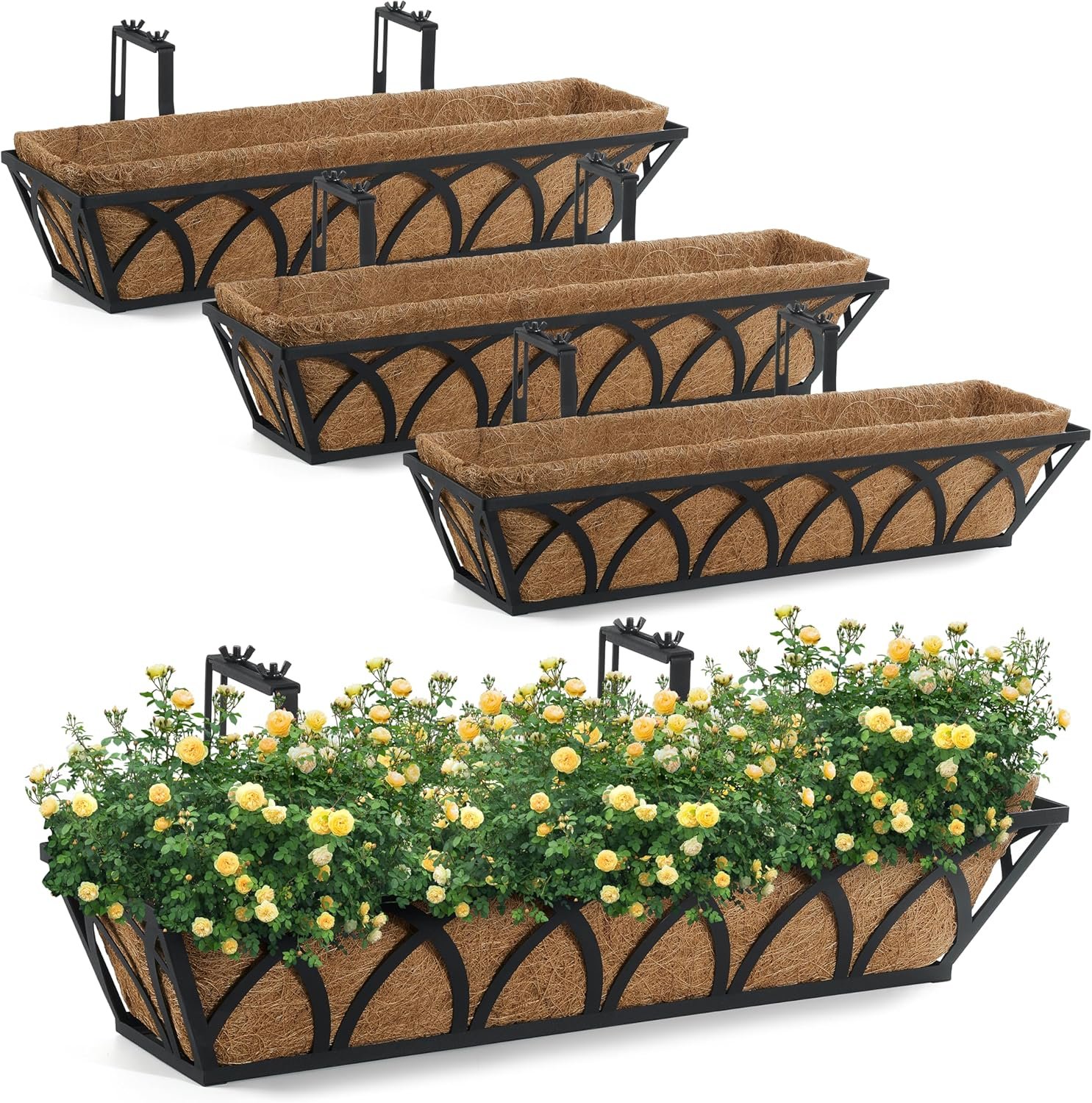 24in Window Deck Railing Planter Boxes with Coconut Liner (Set 24in Window Deck Railing Planter Boxes with Coconut Liner (Set of 4), Balcony Window Basket Deck Railing Planter Boxes, Metal Hanging Flower Planter for Outdoor Garden Fence Lawn