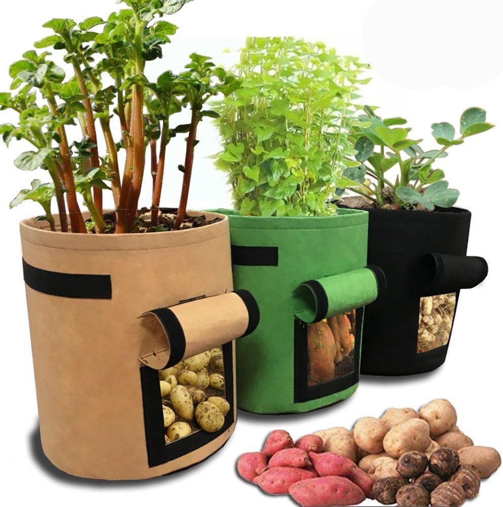 3 Pack Potato Grow Bag, 7 Gallon Aeration Waterproof Fabric 3 Pack Potato Grow Bag, 7 Gallon Aeration Waterproof Fabric Sweet Potato Planter, Harvest Window Vegetable Peanut Growing Box Bucket Pot for Nursery Garden (3 Pack, Black Brown Green)