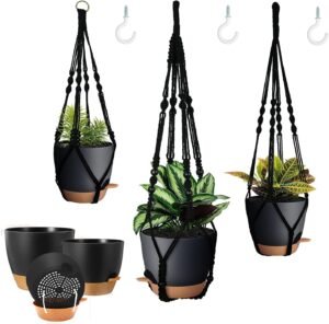 3 Pack Self Watering Hanging Planters Macrame Plant Hangers with Indoor Flower Pots, 3 Different Size Hanging Basket, Plant Hanger with Hooks for Garden Home Decor Black