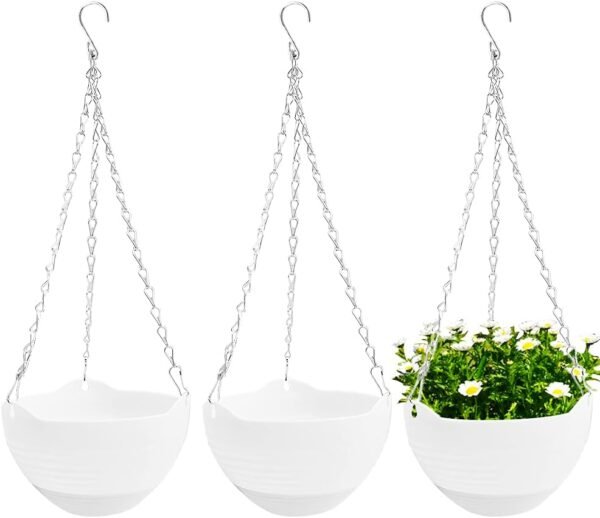 3 Pcs 8 inch Hanging Planter Pots,Self-Watering Round Hanging Basket with Water Tray and Metal Chain,Succulent Flower Plant Pot Container for Indoor Outdoor Garden Balcony Wall Decor,White