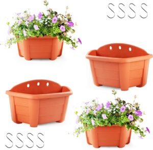 4 Pack Hanging Railing Planter, 9.8" Hanging Planters for Indoor Plants, Brick Red Hanging Flower Pot with 8 Hooks, Flower Pots for Railing on Porch (Red)