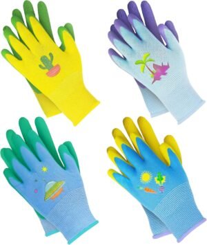 4 Pairs Kids Gardening Gloves, Kids Work Gloves Soft Safety Rubber Coated Garden Gloves Yard Weed Pulling Gloves