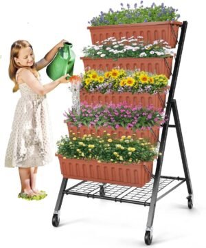 4FT Vertical Raised Garden Bed, 5 Tiers Planter Box with Lockable Caster Wheels and Storage Rack for Herb Vegetables Flowers, Elevated Garden Bed for Patio Balcony Outdoor Indoor Garden Planters